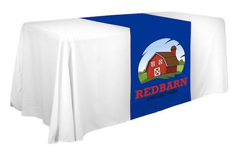 Wholesale table runner on a table with company logo text is advertising for Red Barn.